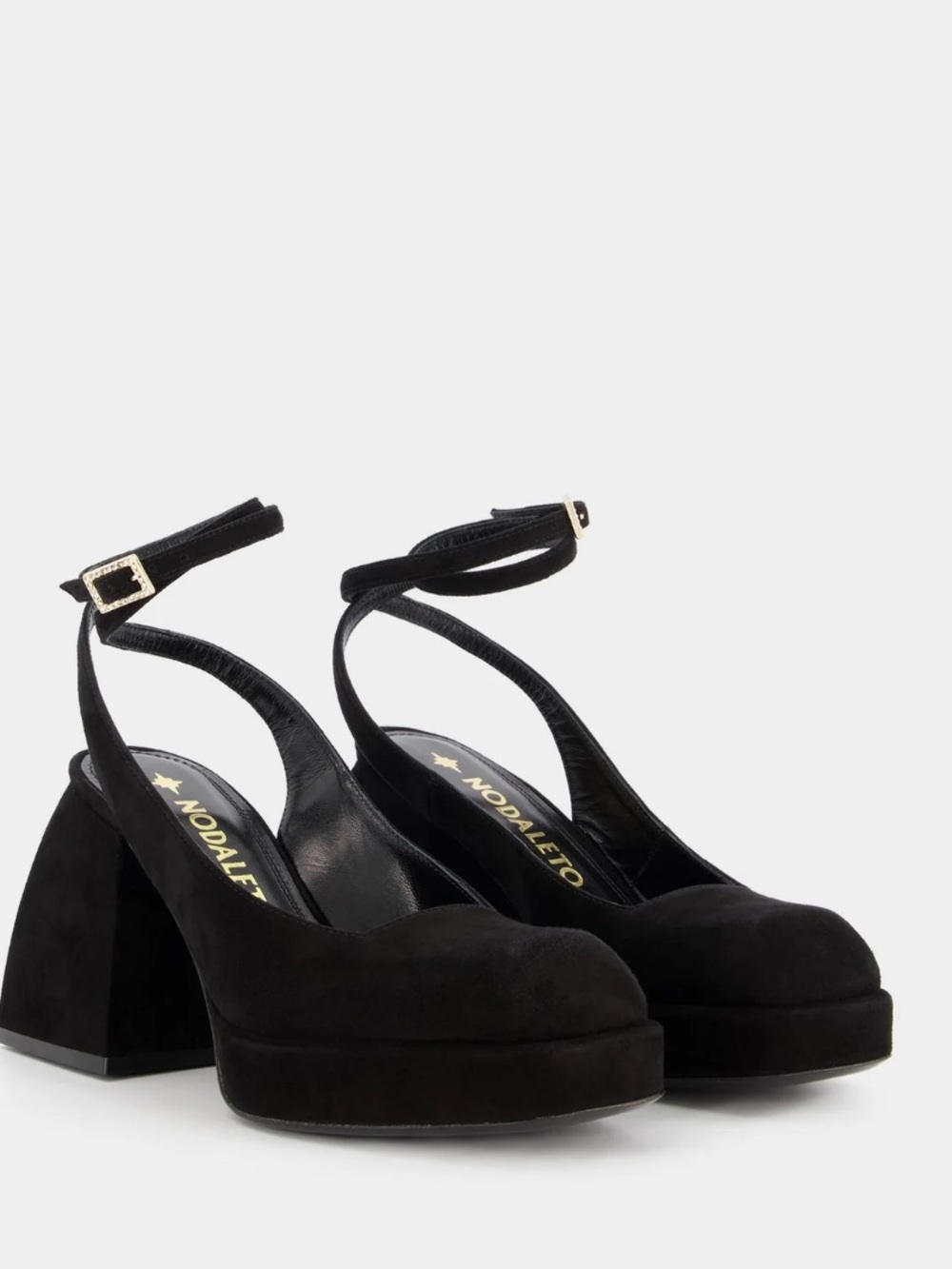 NODALETO Black Suede Ankle-Strap Platform Pumps